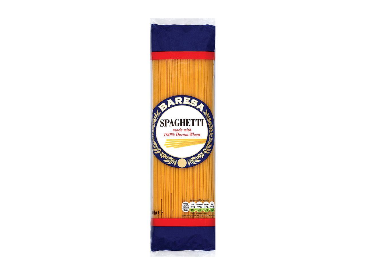 Package of Barresa spaghetti made with 100% durum wheat.