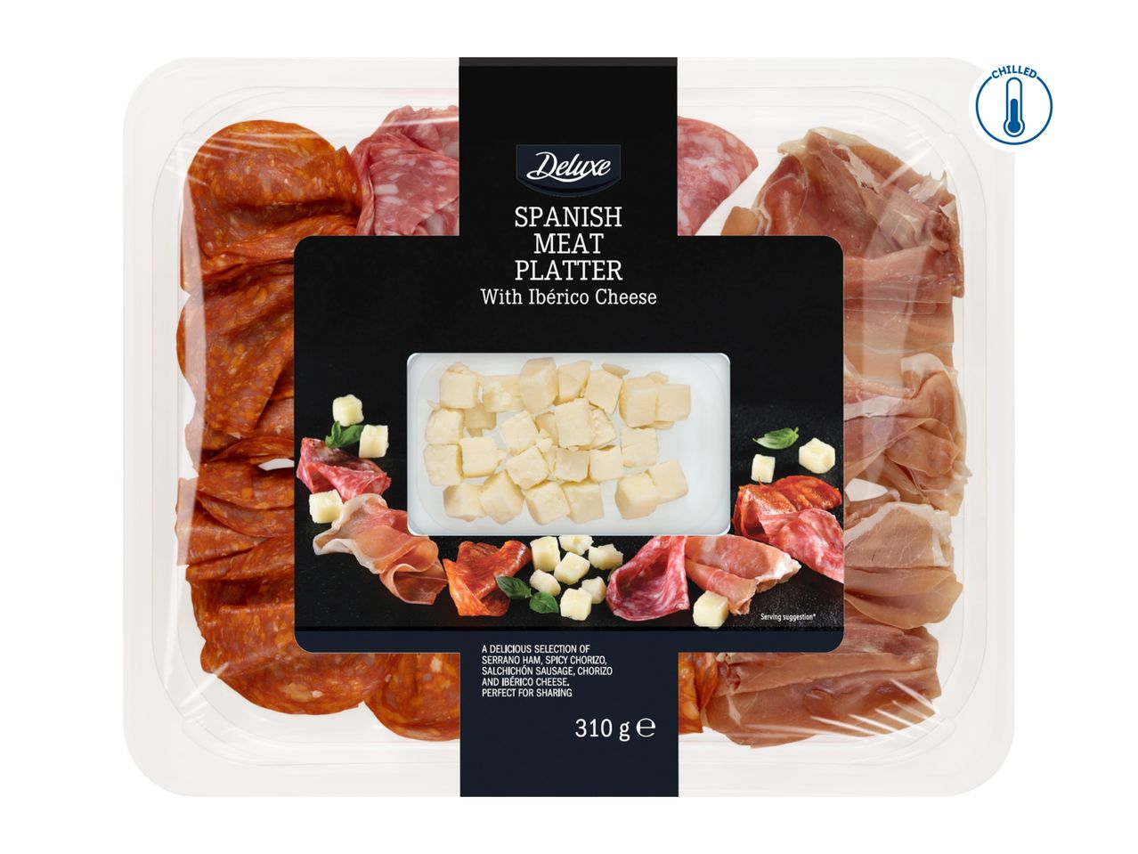 Deluxe Spanish Meat Platter with Serrano ham, chorizo, salchichón, and Ibérico cheese, 310g.
