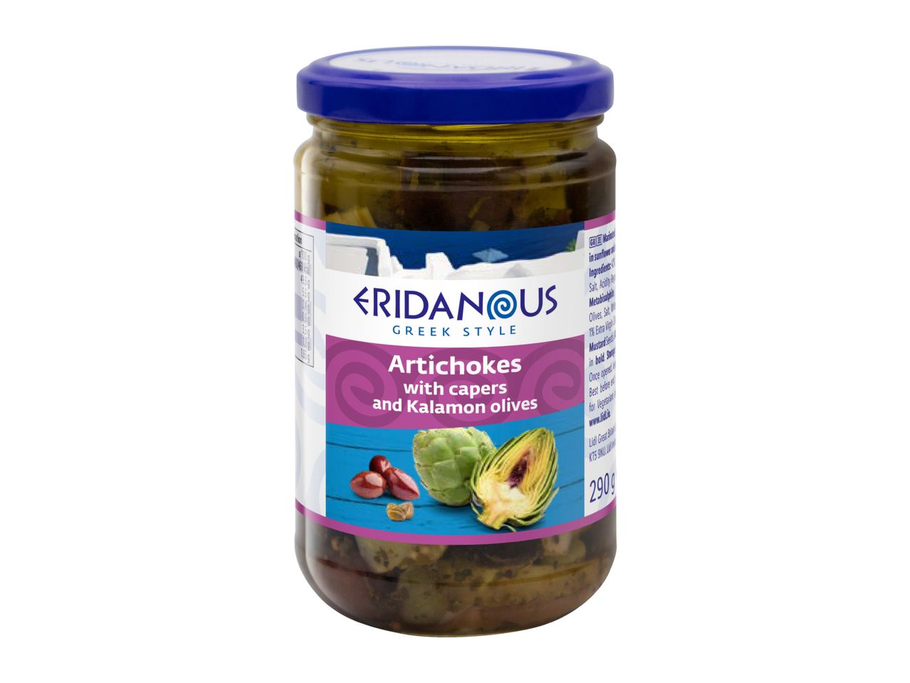 Eridanous Greek Style Artichokes with capers and Kalamon olives in a jar