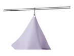 A light purple triangular cloth hangs from a metal rod.