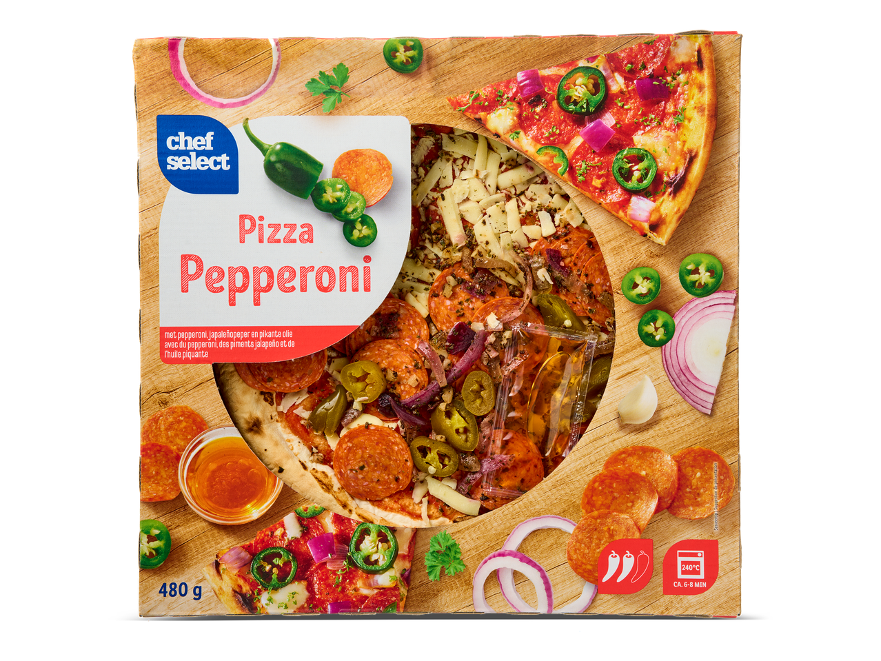 Verpakking voor pepperoni pizza met jalapeño en pikante olie, met bereidingsinstructies.