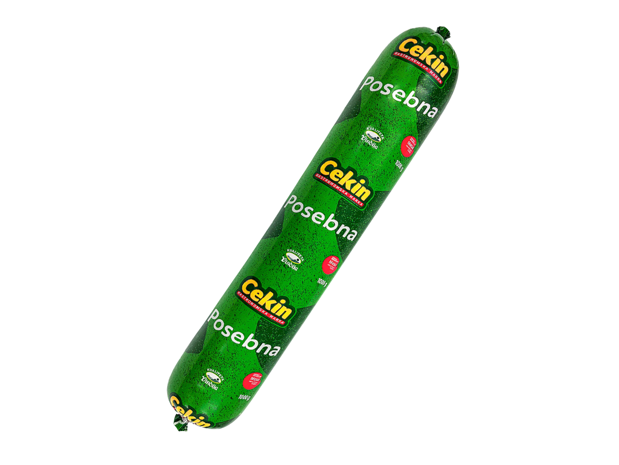 Zelena kobasica s natpisom 'Posebna' i oznakom kvalitete, pakiranje od 1000g.