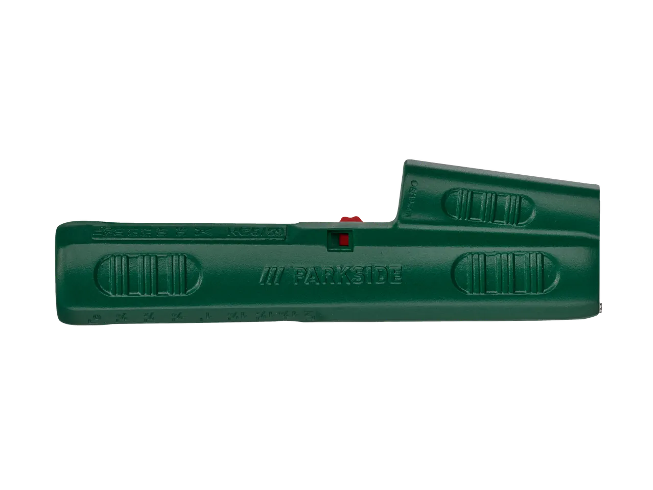 Instrument verde pentru dezizolarea cablurilor, cu marcaje pentru diferite dimensiuni.