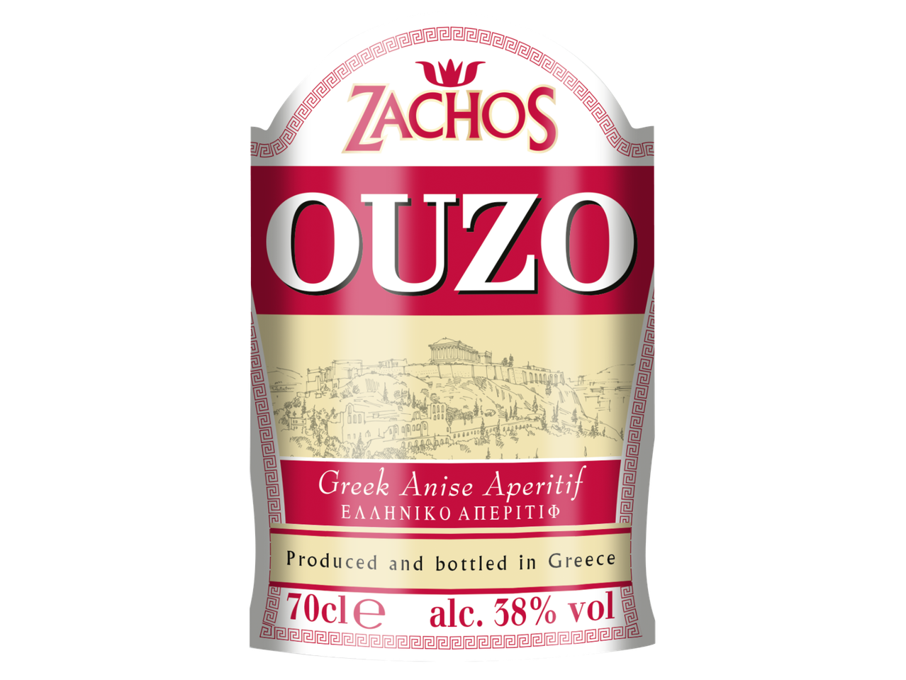 Етикет за гръцко анасоново аперитивно узо, 70 cl, 38% алкохол.