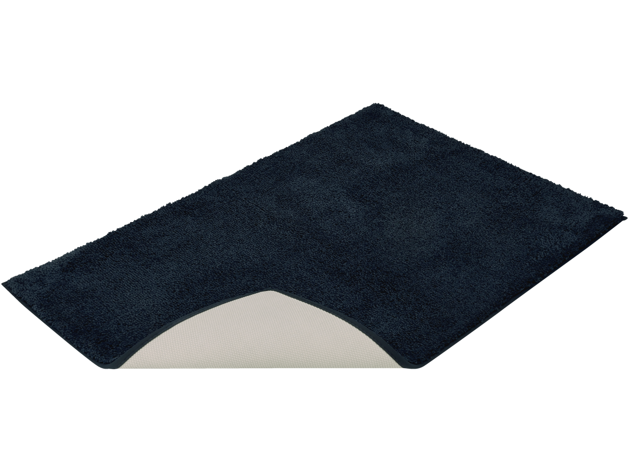 Tumesinine vannitoamatt libisemisvastase alusega, osaliselt kokku volditud.