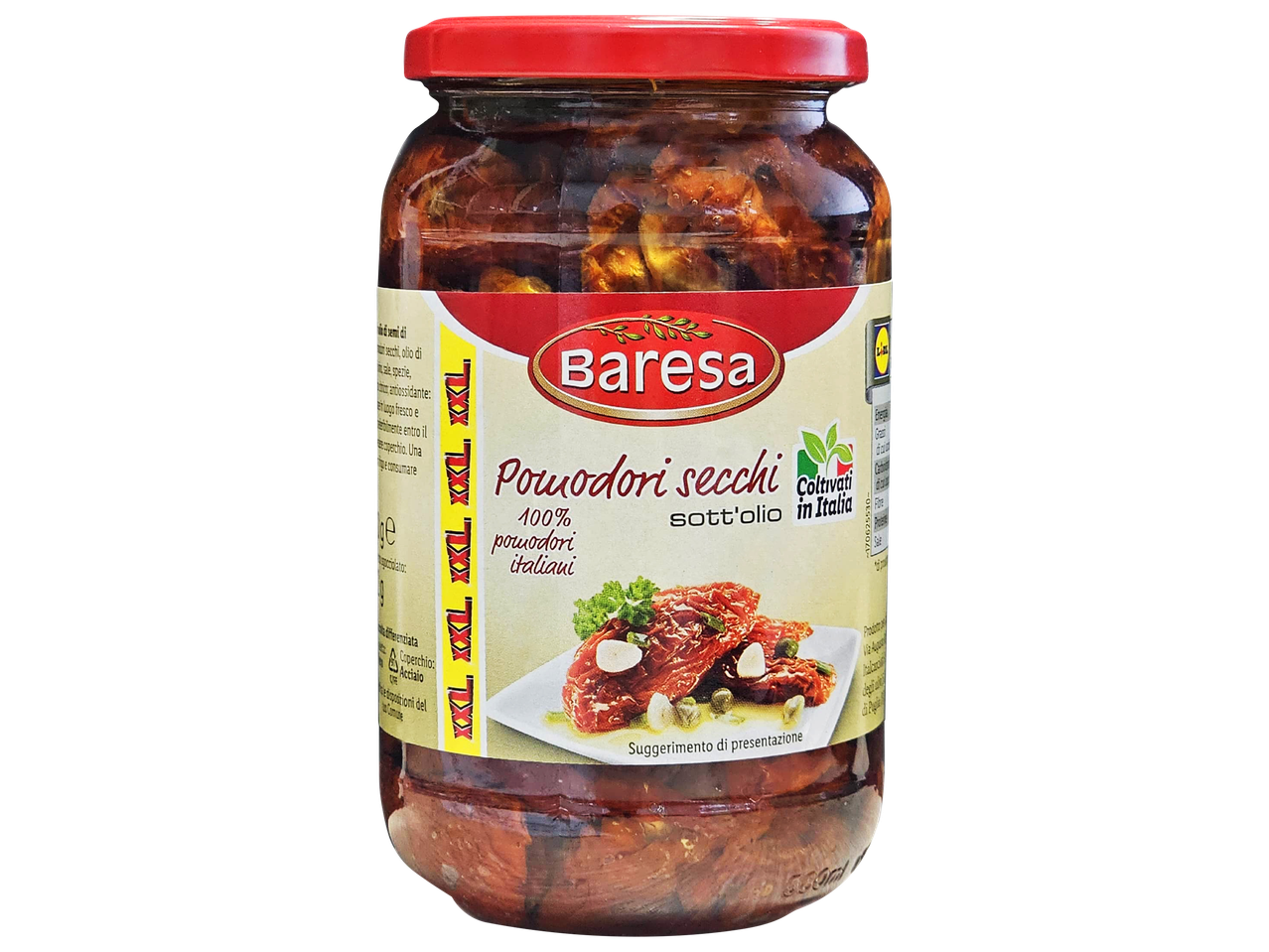 Baressa sun-dried tomatoes in oil, 100% Italian, in a glass jar with a red lid.
