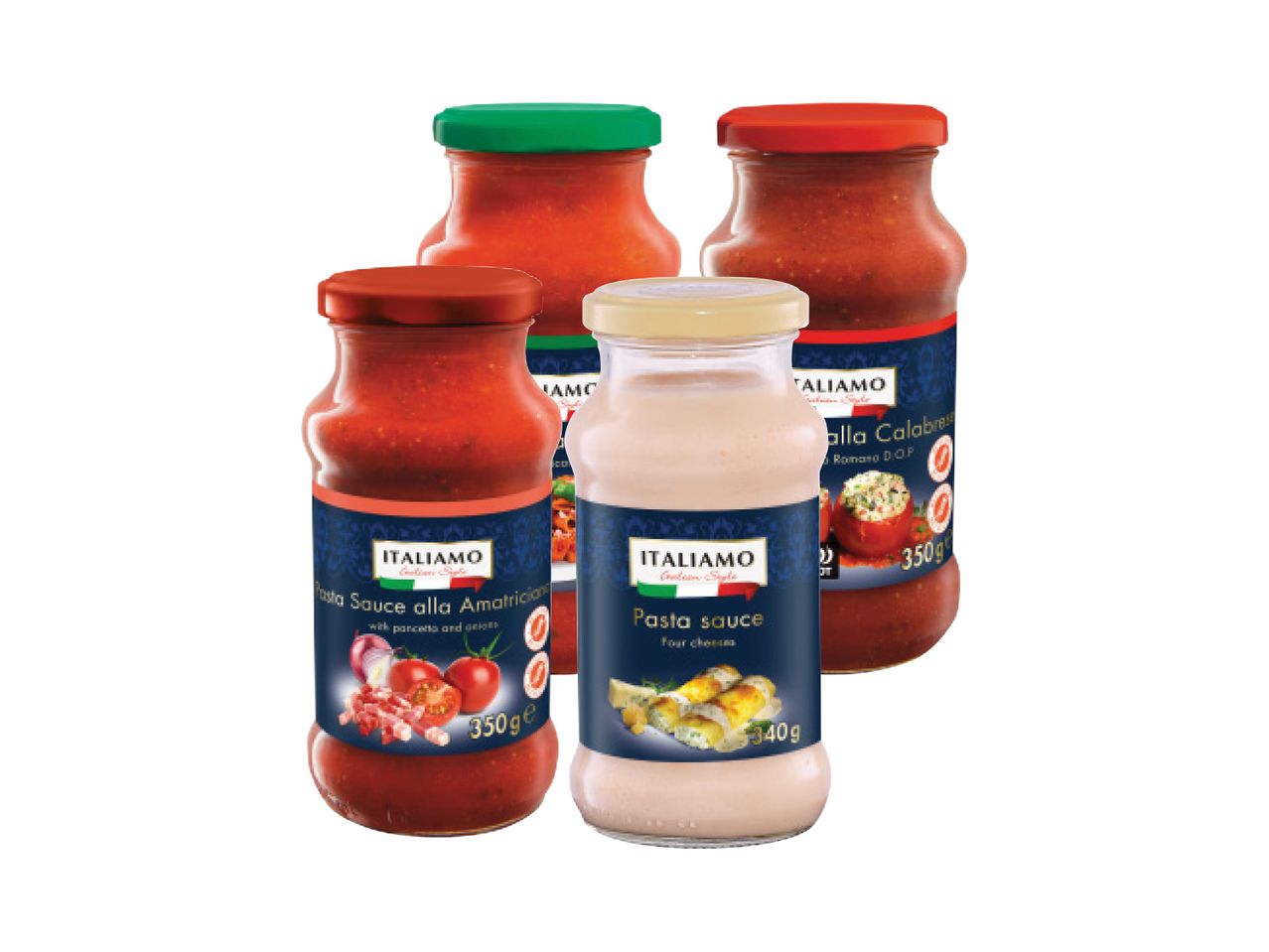 Įvairūs „Italiamo“ prekės ženklo makaronų padažai stikliniuose buteliuose.