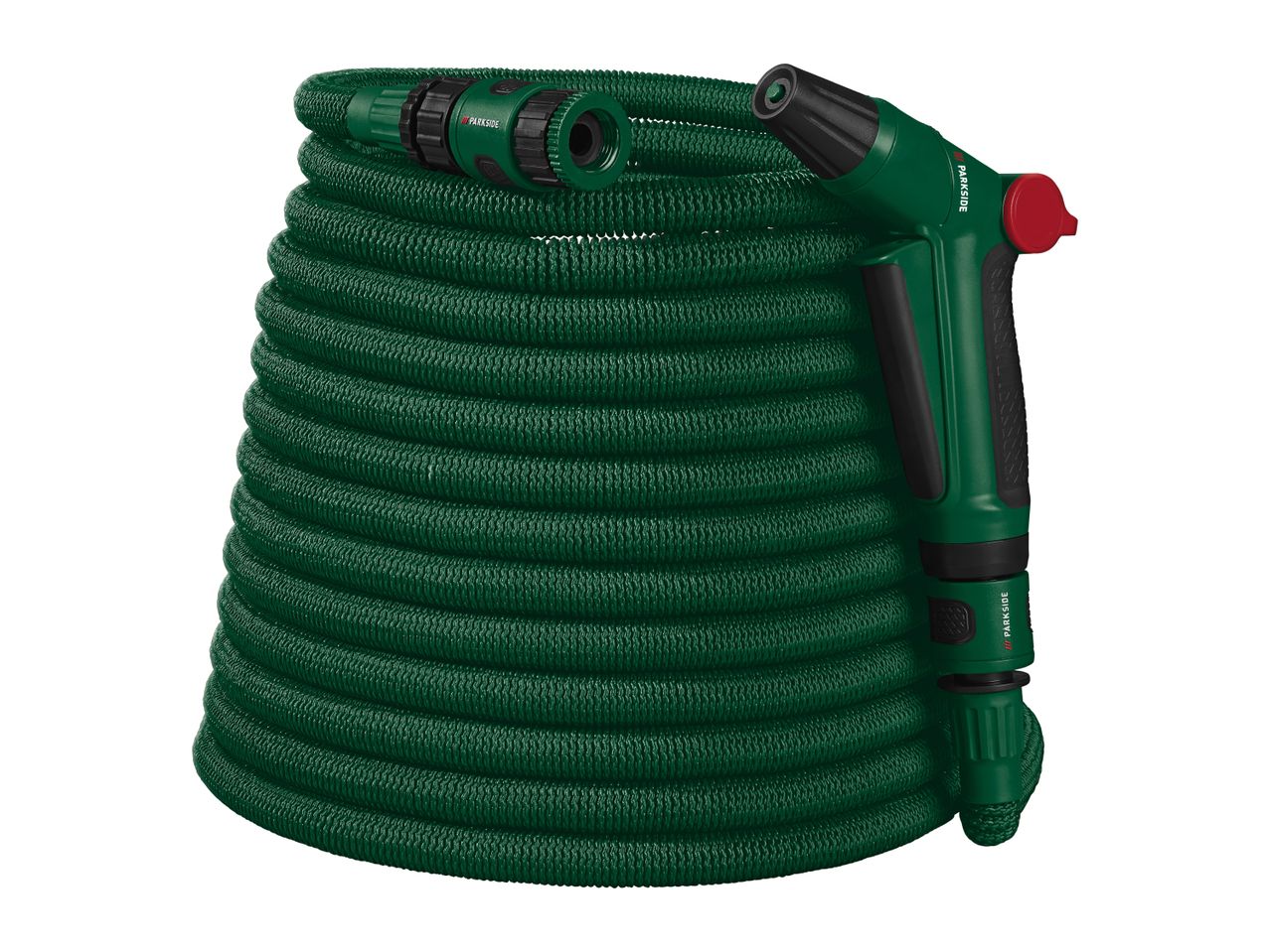 Coiled green garden hose with a spray gun and connector attachments.