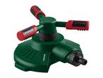 Green and red rotating garden sprinkler with three adjustable spray arms.