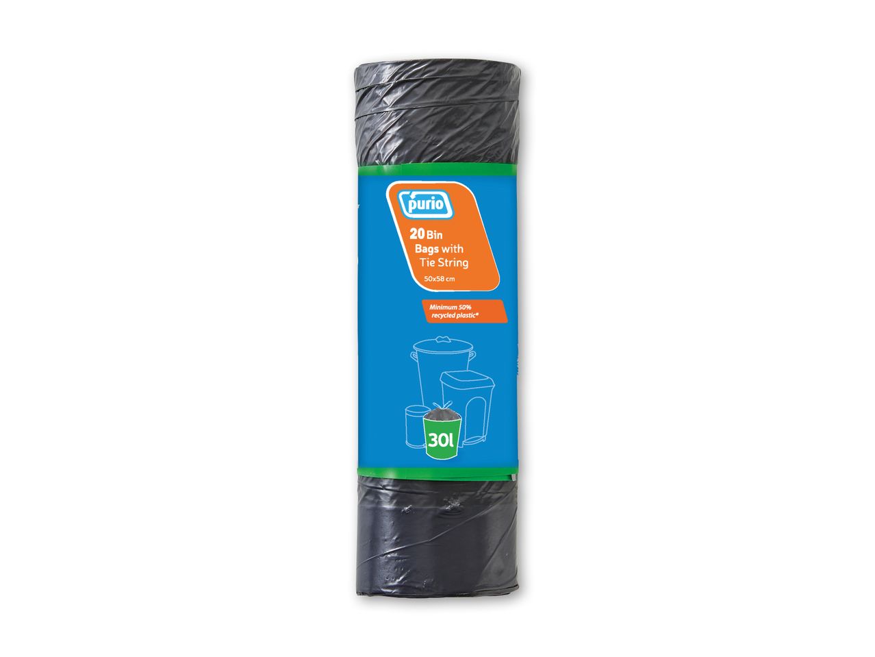 Rulle med 20 sorte affaldsposer med bindebånd, 50x58 cm, 30L, lavet af minimum 50% genanvendt plastik.