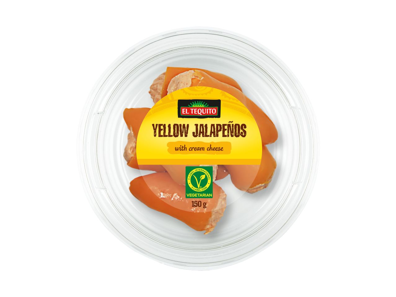 Yellow jalapeños with cream cheese in a clear plastic container, 150g, vegetarian.
