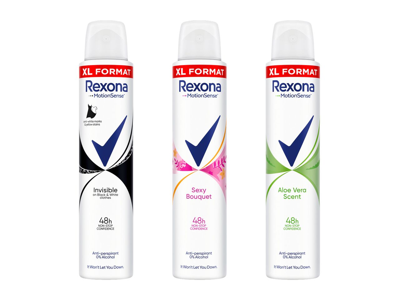Trei deodorante antiperspirante XL Format, cu 48h protecție, fără alcool, în variantele Invisible, Sexy Bouquet și Aloe Vera Scent.