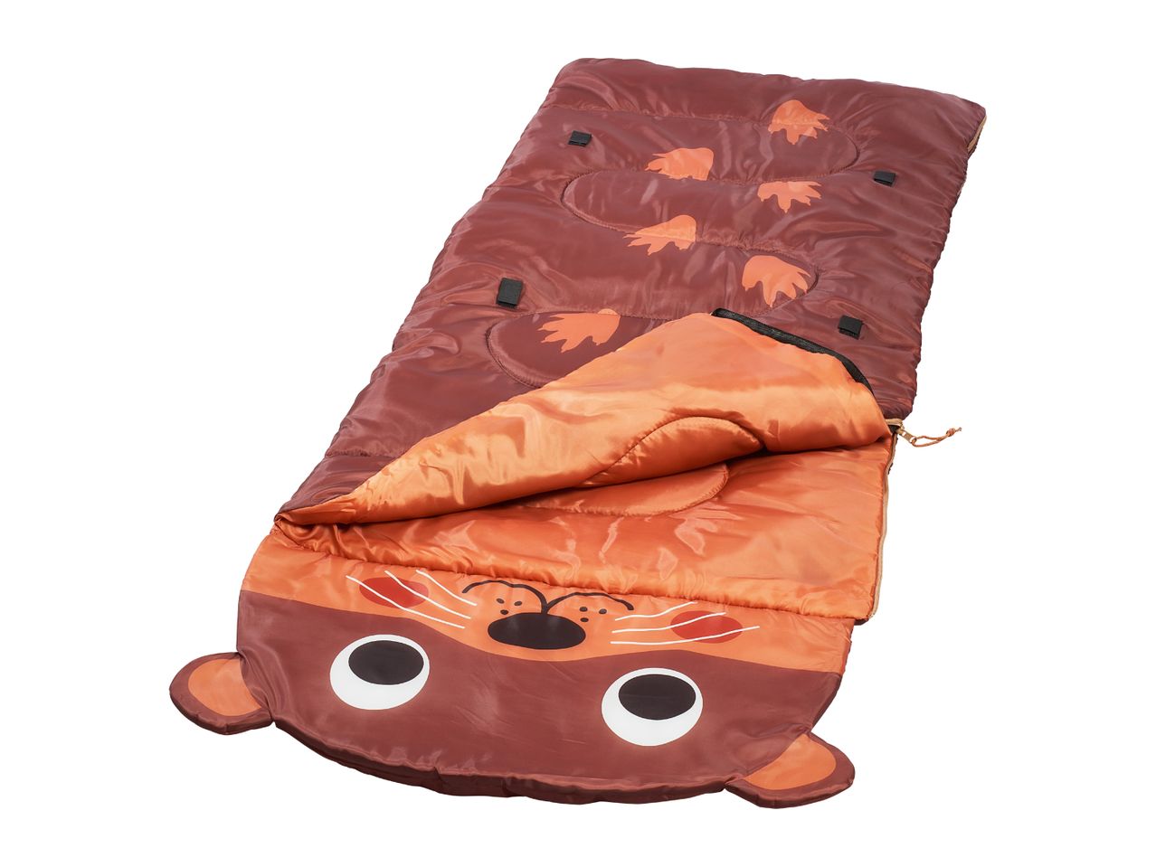 A brown and orange children's sleeping bag with a cute animal face.
