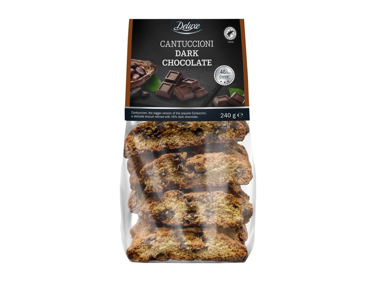 Deluxe Cantuccioni Dark Chocolate biscuits with 46% cocoa, 240g.
