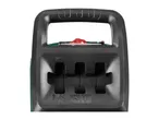 Top view of a dark grey garden shredder with a red handle and green accents.
