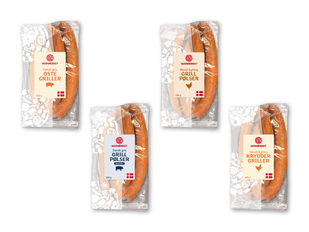 Fire pakker grillpølser: to med ostegrillere og klassiske grillpølser af dansk gris, og to med grillpølser og kryddergrillere af dansk kylling.