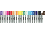 A row of 24 colorful markers with light gray bodies and matching caps, including one open brown marker.