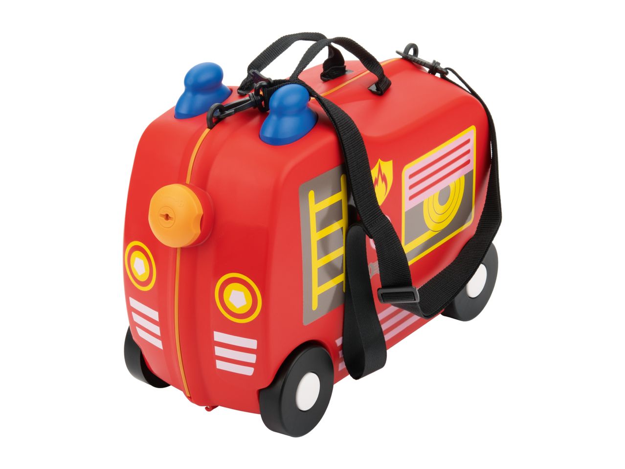 Red fire engine-themed children's ride-on suitcase with a black shoulder strap.