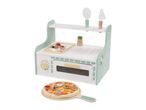 Wooden toy pizza oven with accessories and a pizza with toppings.