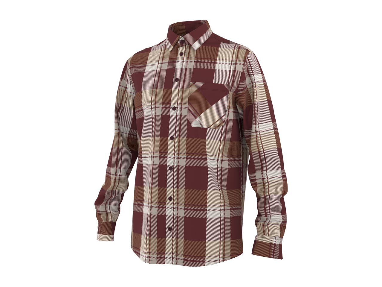 Men's long-sleeved plaid shirt in maroon, beige, and white