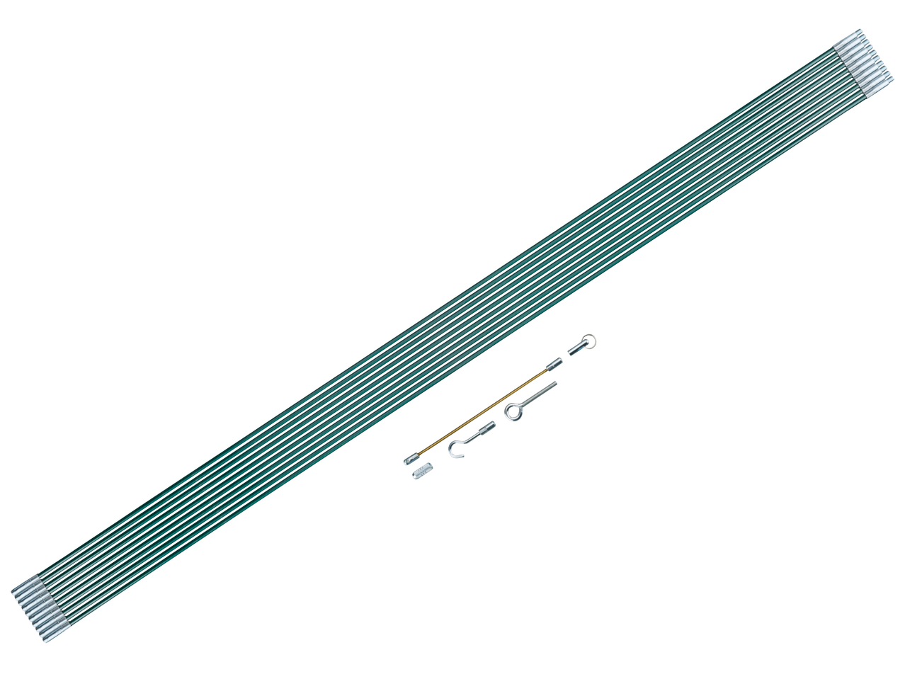 Комплект от гъвкави пръти за почистване на комини с различни приставки.