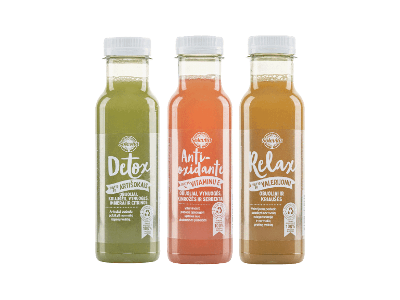 Trys „Solevita“ gėrimai: „Detox“ su artišokais, „Anti-oxidante“ su vitaminu E ir „Relax“ su valerijonu.
