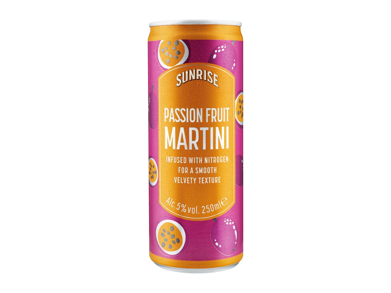 A can of passion fruit martini, infused with nitrogen for a smooth, velvety texture, 5% alcohol, 250ml.