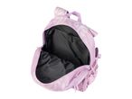 A lavender backpack with a swirl pattern is open, showcasing its black interior and zippered compartments.