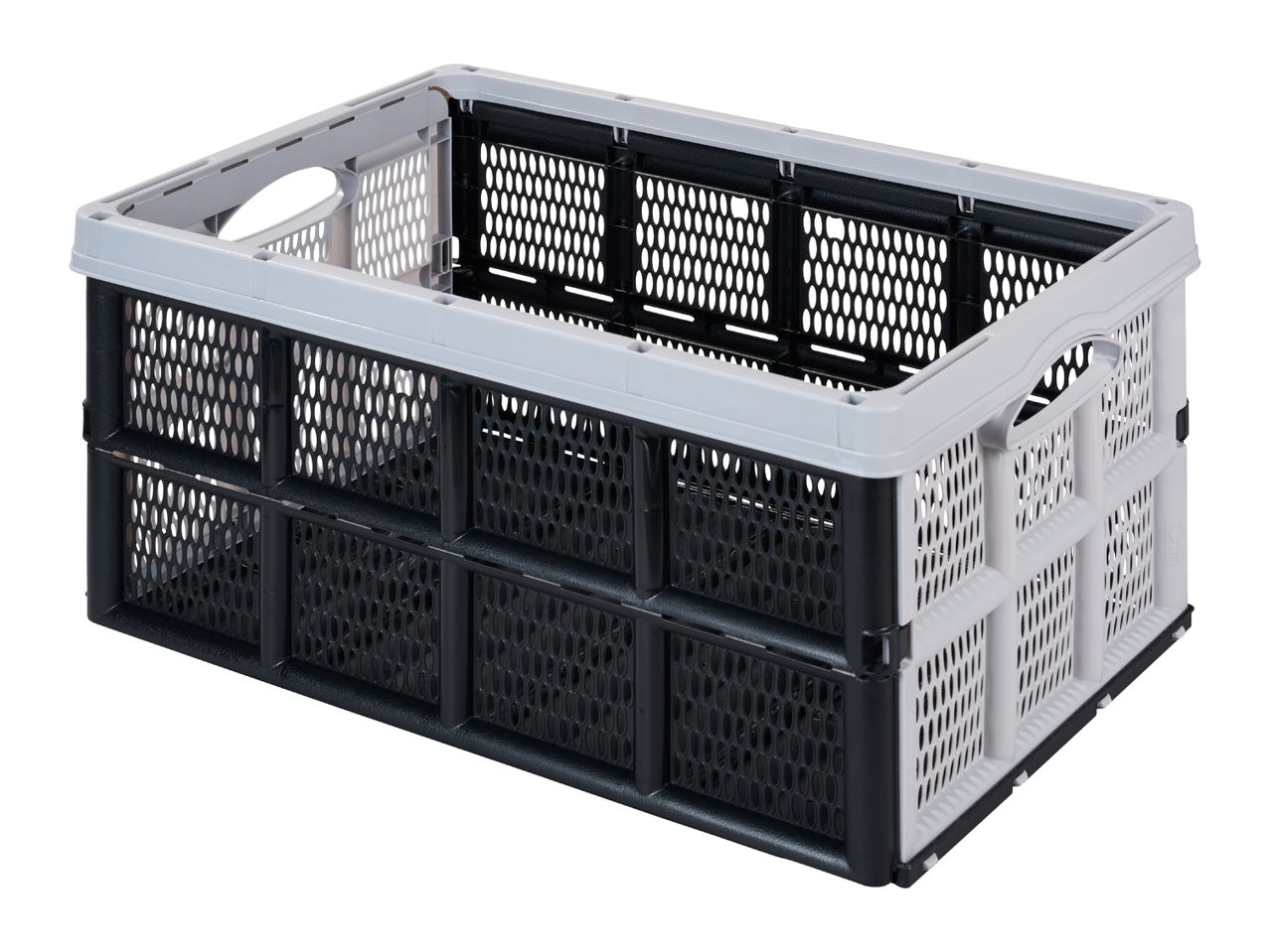 Black and white foldable storage crate with handles, ideal for organizing.