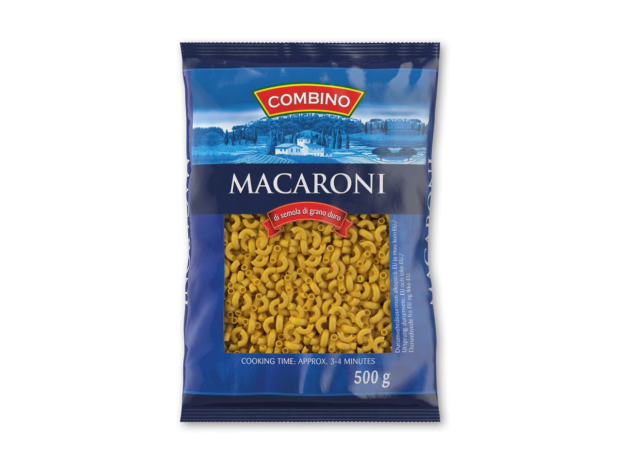 Pakke med makaroni pasta lavet af durumhvede, med en tilberedningstid på 3-4 minutter og en vægt på 500g.