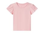 Light pink short-sleeved t-shirt with ruffled sleeves, front view.