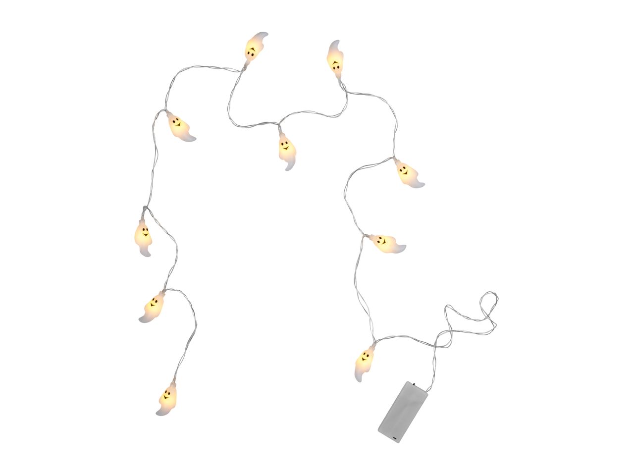 Halloween ghost string lights with a battery pack on a white background.
