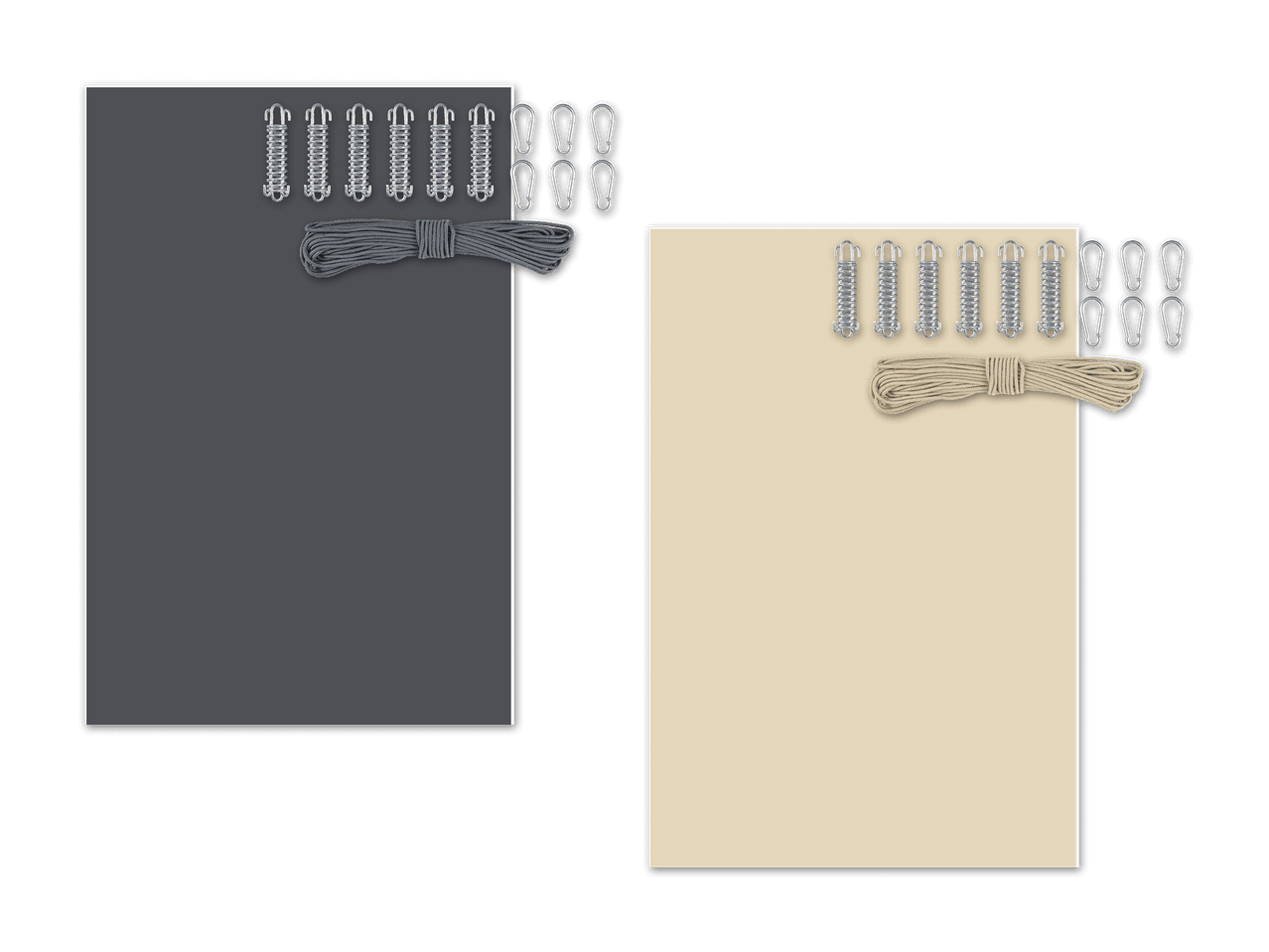 Zwei Sets mit Spannfedern, Karabinerhaken und Seilen in Grau und Beige.
