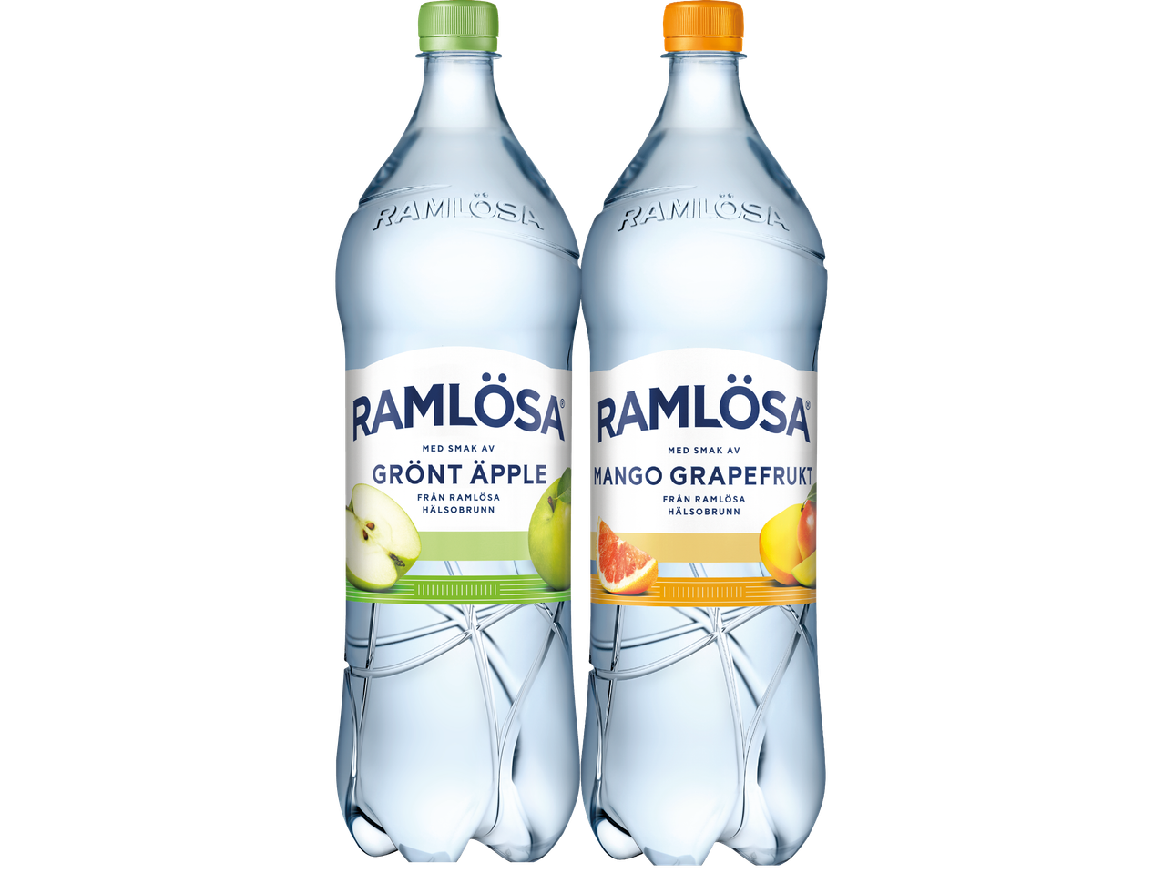 Två flaskor Ramlösa, en med smak av grönt äpple och en med smak av mango grapefrukt.
