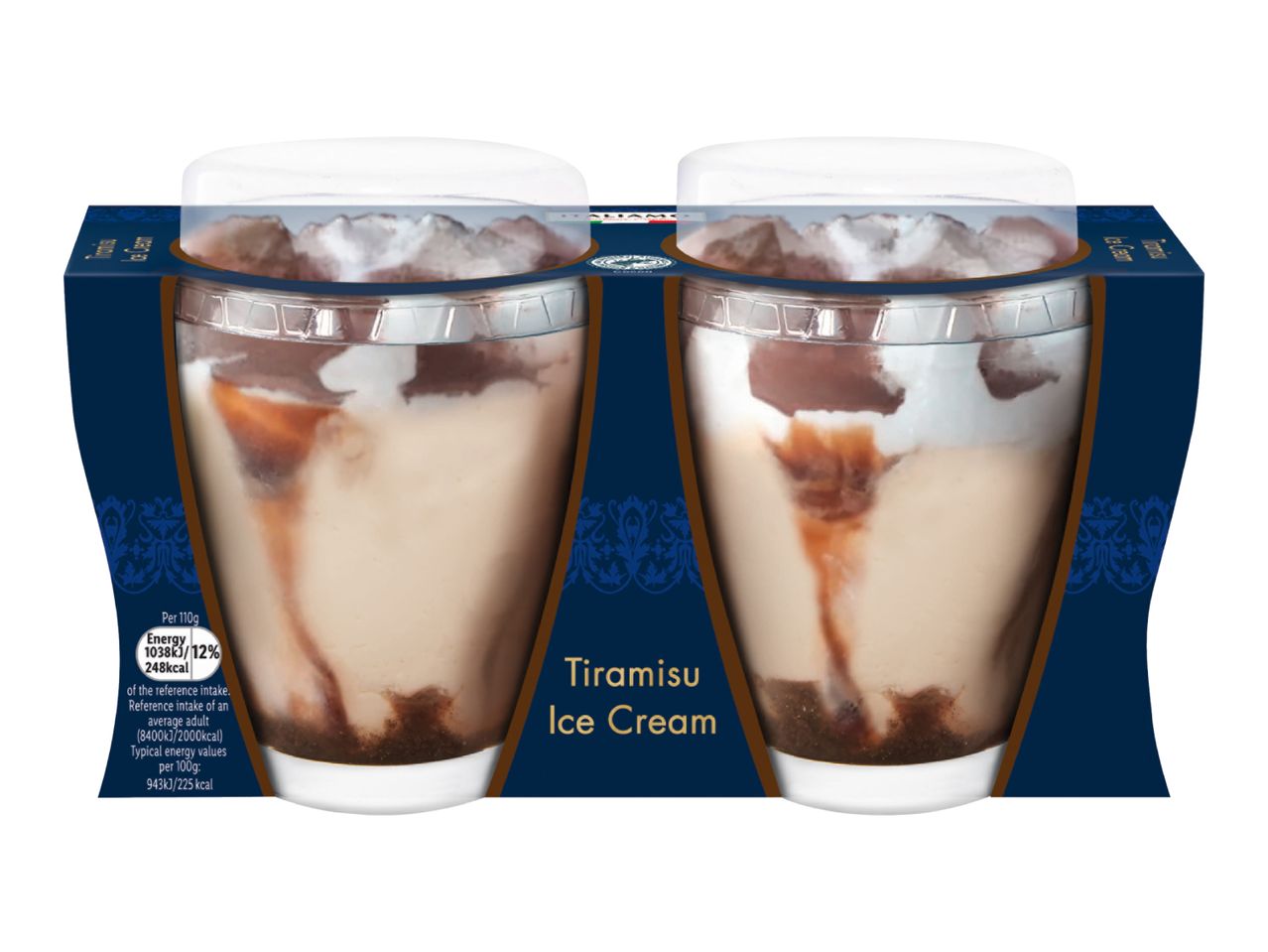 Two pots of tiramisu ice cream with nutritional information on the packaging.