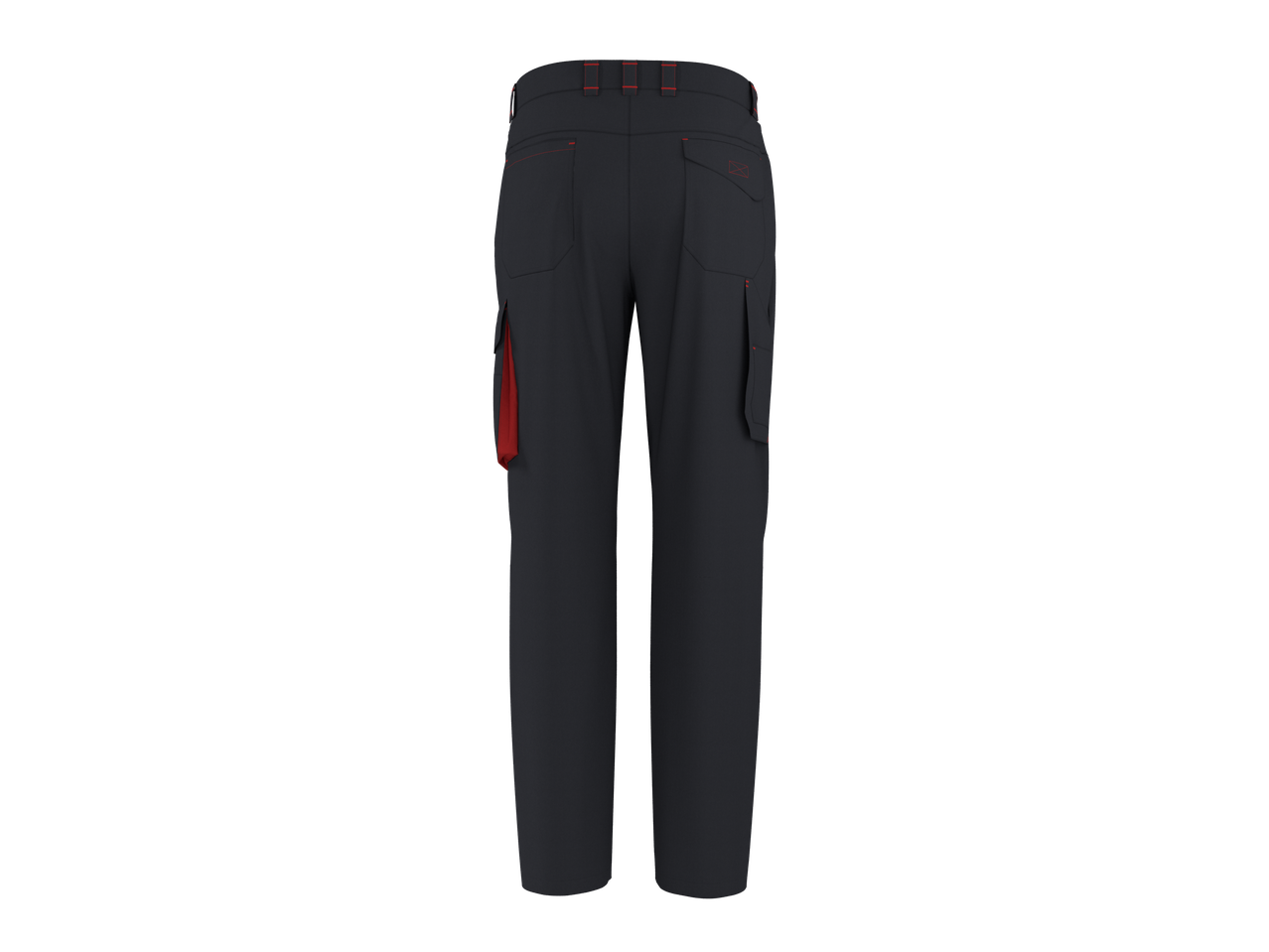 Calças de trabalho masculinas PARKSIDE® cinza escuro com detalhes vermelhos, vista traseira.