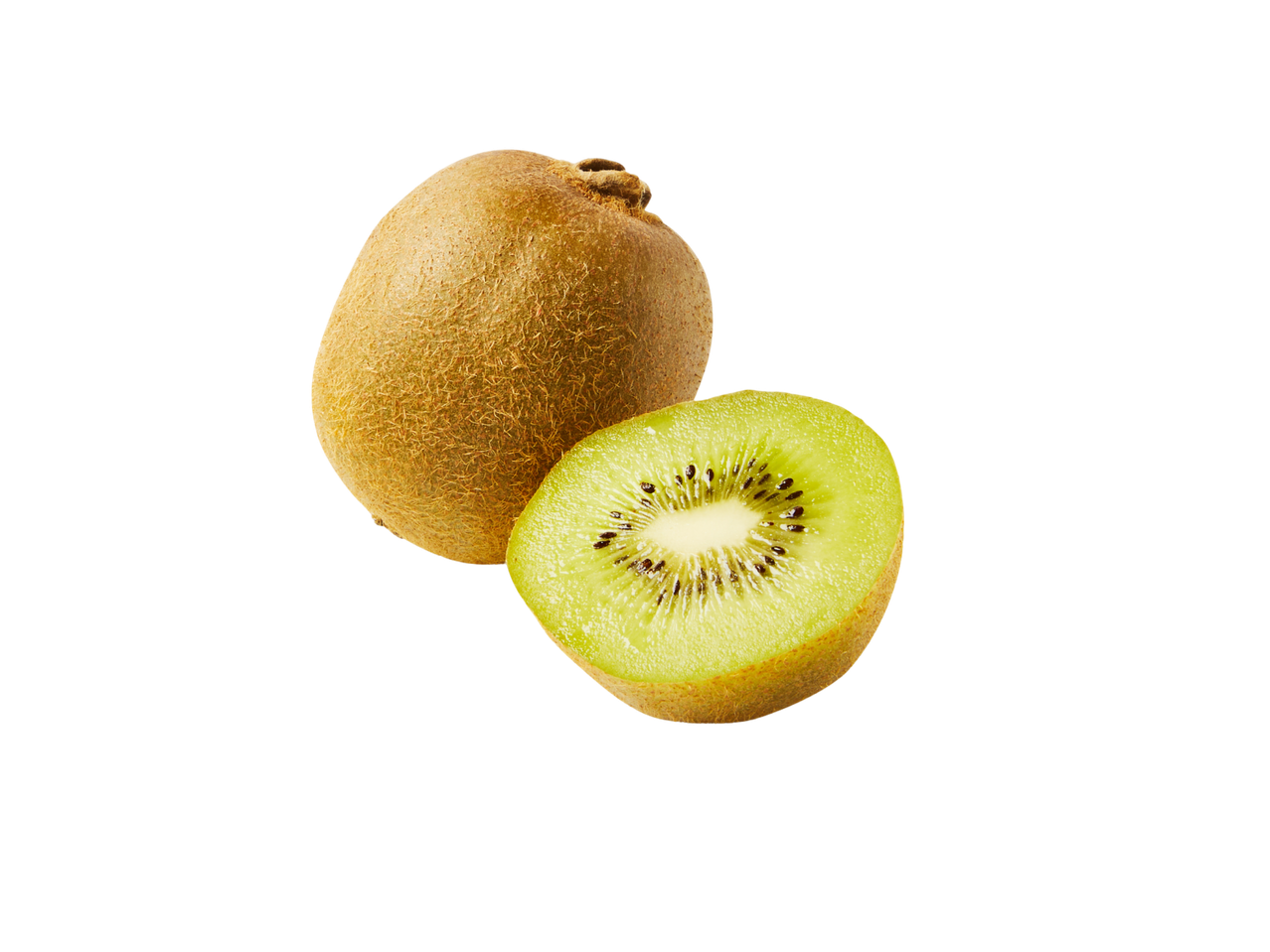 Um kiwi inteiro e um kiwi cortado ao meio, mostrando a polpa verde e as sementes.