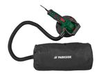 A green and black drywall sander with a dust collection hose and bag, branded Parkside.