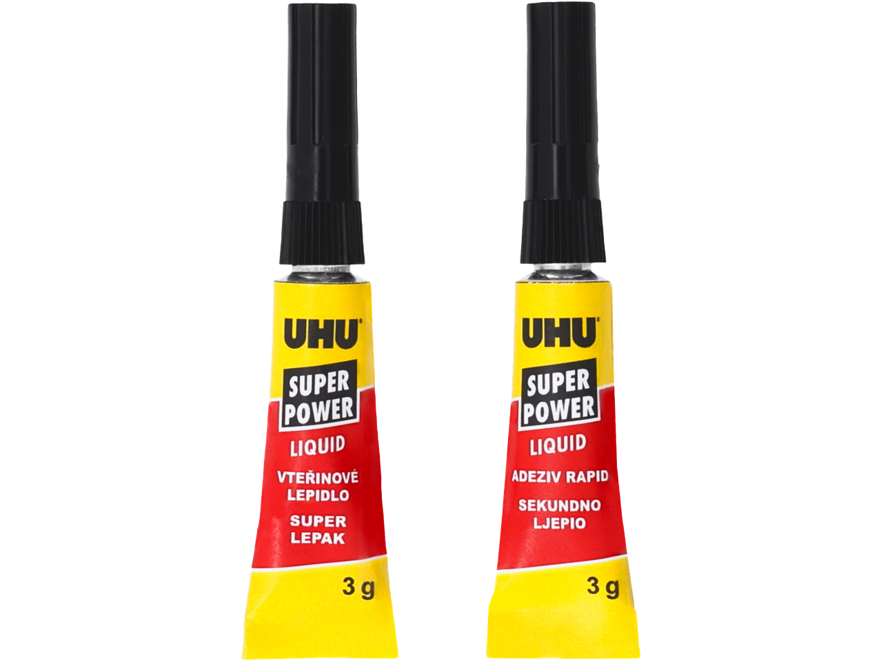 Dve tube Uhu Super Power Liquid lepka, svaka 3g, sa višejezičnim etiketama.