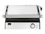 A stainless steel contact grill with a single temperature control knob.
