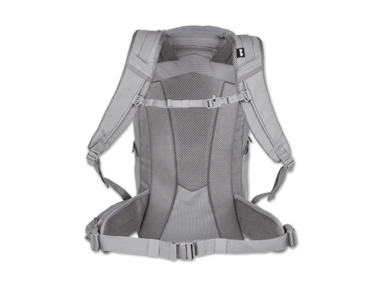 Rückseite eines grauen Wanderrucksacks mit gepolsterten Gurten.