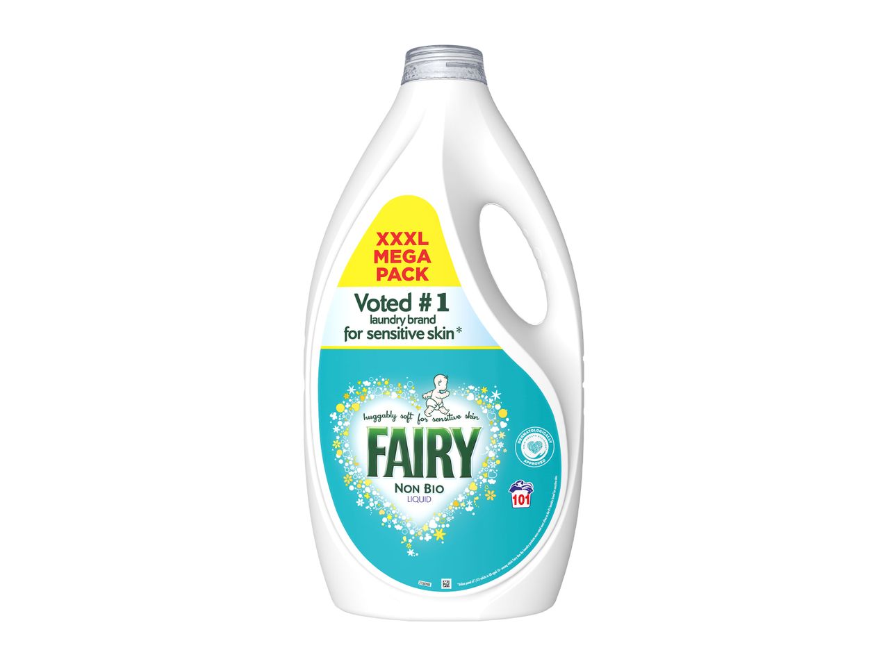 Fairy Non Bio Liquid laundry detergent in a large white bottle.