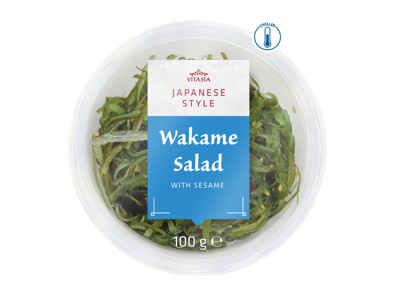 Chilled Japanese style wakame salad with sesame in a clear plastic container, 100g.