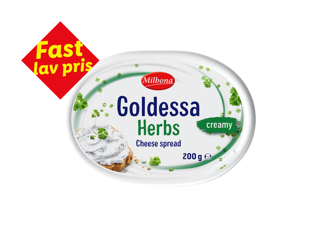Ostecreme med urter i en hvid beholder, med et stykke brød med ostecreme og et rødt mærke med teksten 'Fast lav pris'.
