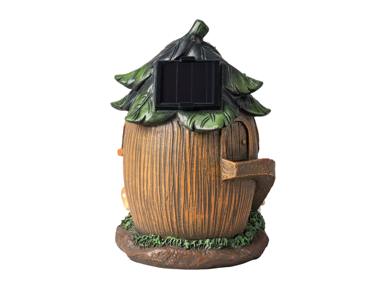 Solar-powered garden ornament shaped like a whimsical tree stump house with a green leaf roof.