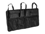 Black car trunk organizer with adjustable straps, pockets, and mesh compartments
