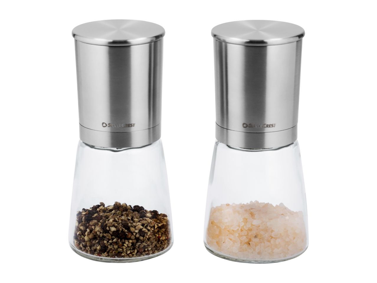 Two stainless steel and glass spice grinders, one with black pepper and one with pink salt.