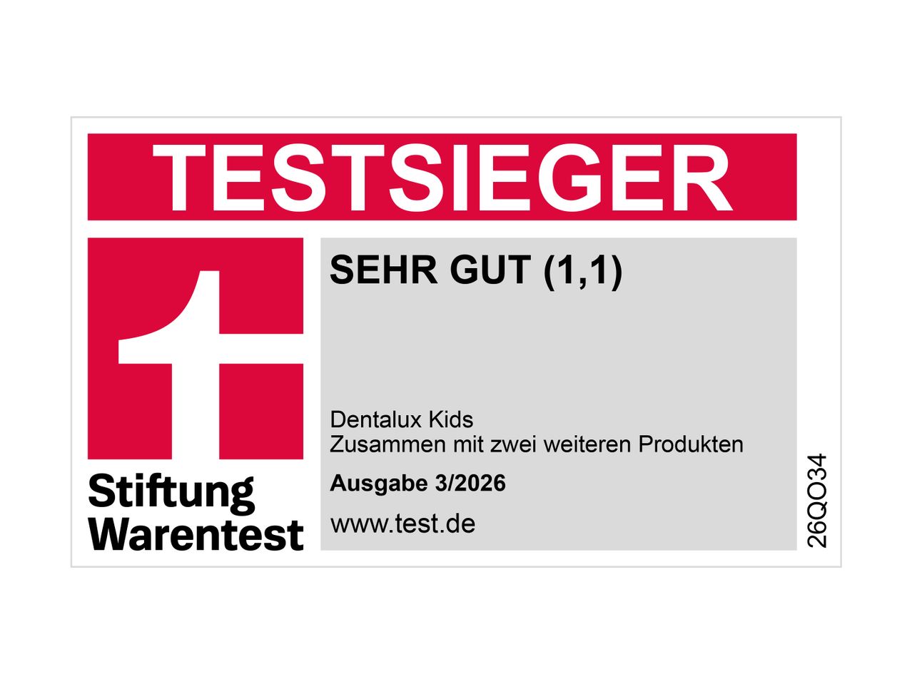 Stiftung Warentest Siegel: Testsieger, sehr gut (1,1) für Kinderprodukte, Ausgabe 3/2026.