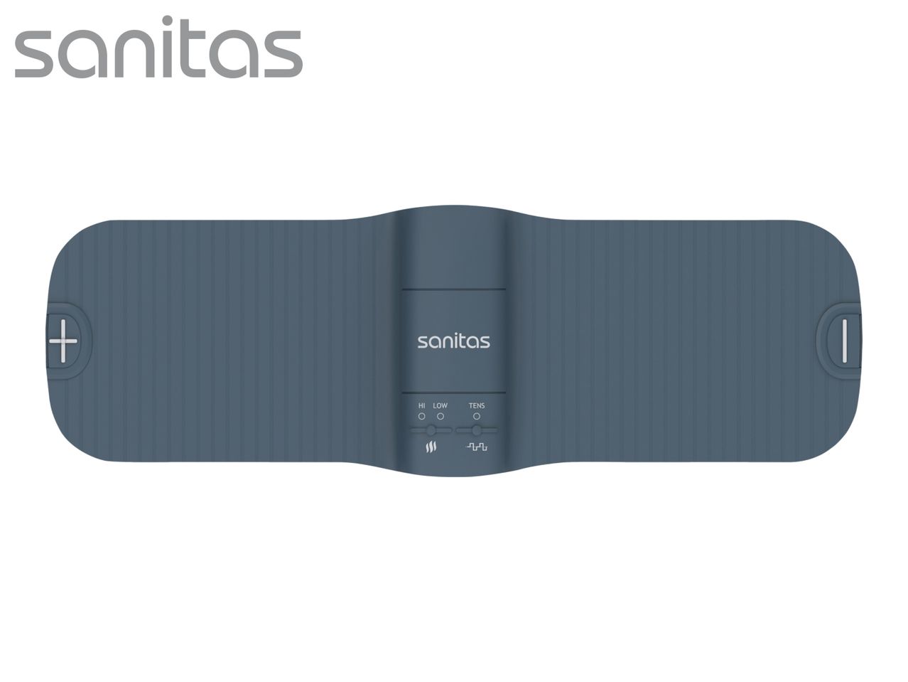 Blue muscle stimulation belt with controls for intensity and TENS function.
