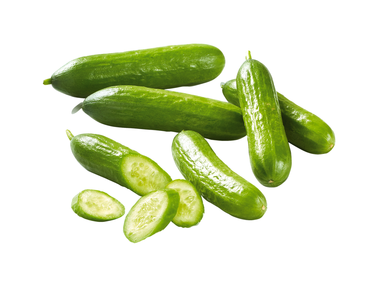 Fresh green cucumbers, some whole and some sliced, on a black background.